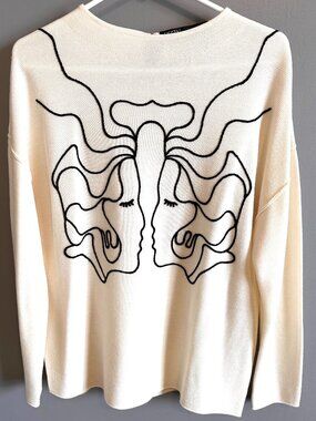 Ness Abstract Faces Line Art Wool Blend Cream Knit Sweater Large NWOT  LG